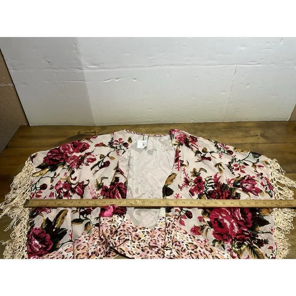 Aratta Silent Journey Women's Sheer Floral Kimono Shawl with Fringe One Size